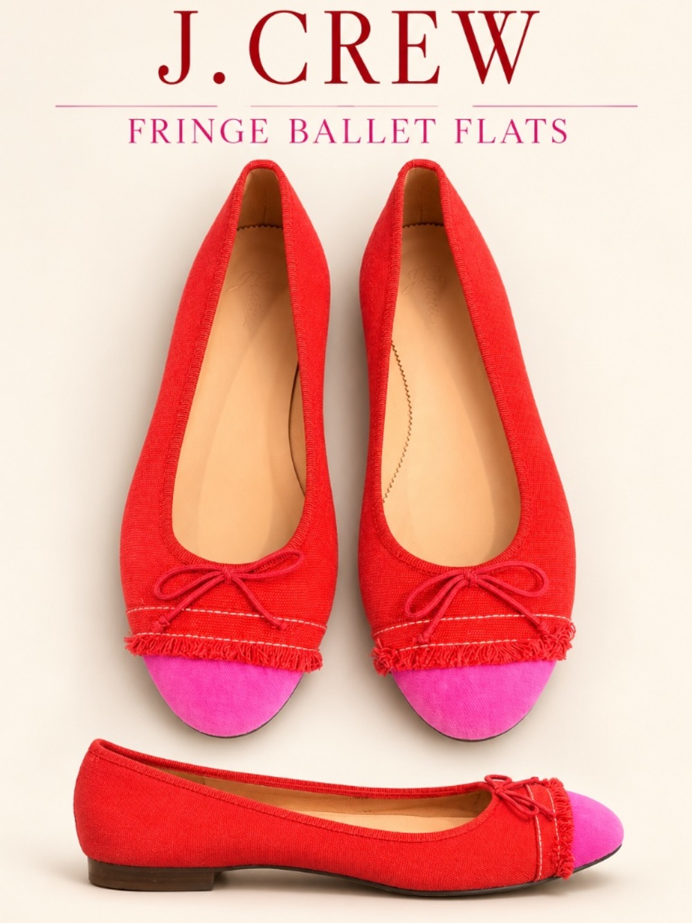 J.Crew Red Woven Canvas & Pink Suede Cap-Toe Fringe Ballet Flats Size 10 $220